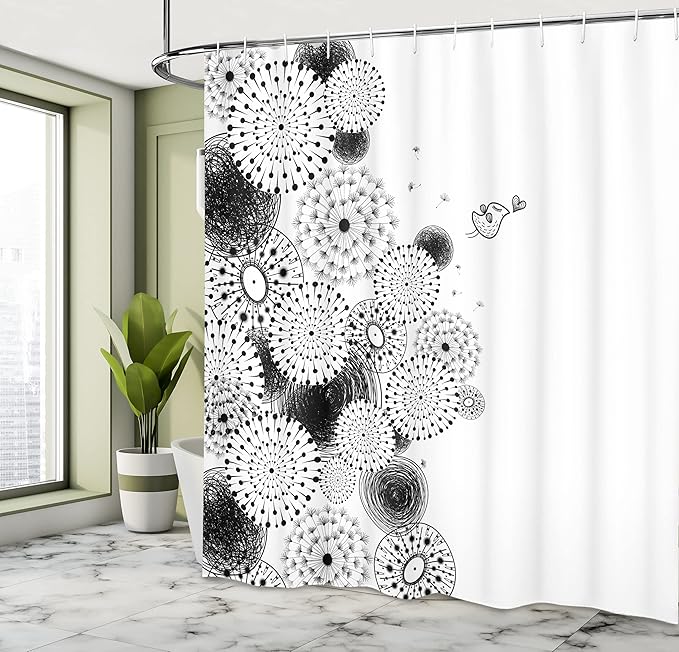 Ambesonne Black and White Shower Curtain, Dandelion Patterns with Circulating Sketchy Lines Bird Lion's Tooth Print, Cloth Fabric Bathroom Decor Set with Hooks, 69" W x 70" L, White Black