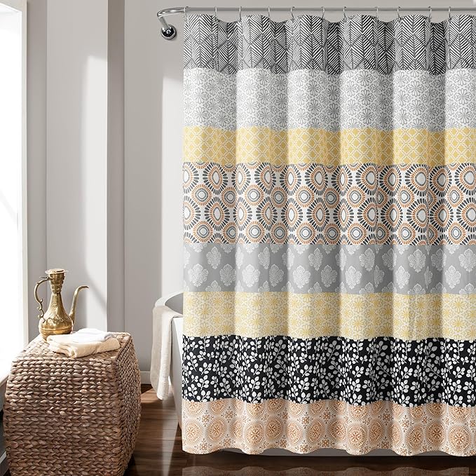 Lush Decor Bohemian Stripe Shower Curtain, 72" W x 72" L, Yellow & Gray - Bathroom Curtain - Striped Shower Curtain - Boho Decor - Fabric Shower Curtains