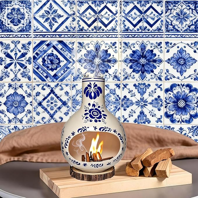 Ceramic Incense Holder Palo Santo Burner Talavera Mexican Pottery Decor for Home 7.5" Mini Chimenea Incense Burner for Sage Sticks Rituals, Christmas Yoga Spa Gifts
