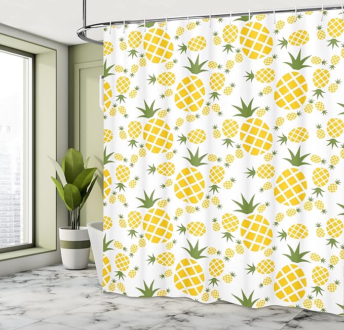 Ambesonne Pineapple Shower Curtain, Funny Pattern of Simplistic Ananas Fruit Repeating Modern Minimal Print, Cloth Fabric Bathroom Decor Set with Hooks, 69" W x 75" L, Olive Green Mustard
