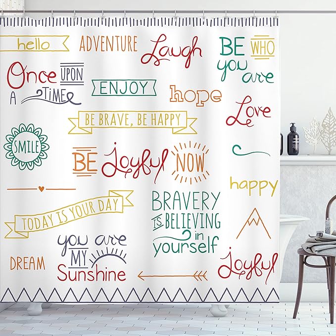 Ambesonne Adventure Shower Curtain, Various Words on Happiness and Self Value Uplifting Phrases Being Who You are, Cloth Fabric Bathroom Decor Set with Hooks, 69" W x 70" L, Jade Green