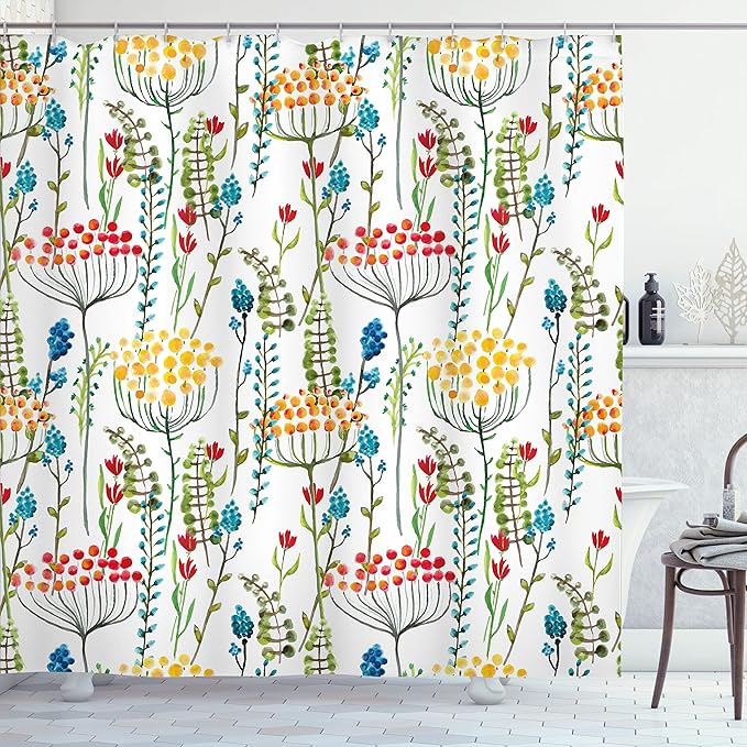 Ambesonne Floral Shower Curtain, Hand Drawn Doodle Style Flowers Blossoms in Watercolors Natural Botanical Garden Art, Cloth Fabric Bathroom Decor Set with Hooks, 69" W x 84" L, Magenta Yellow