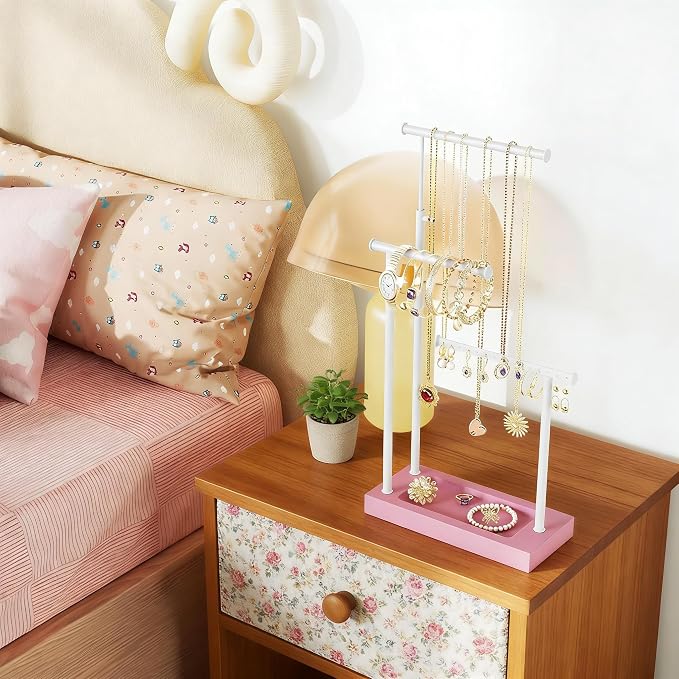 SRIWATANA Pink & White Extra Tall Necklace Holder, Jewelry Display Stand | Sturdy Tall Jewelry Organizer; Chic necklace organizer to Display Long Necklaces, Pendants, Chains Without Tangling