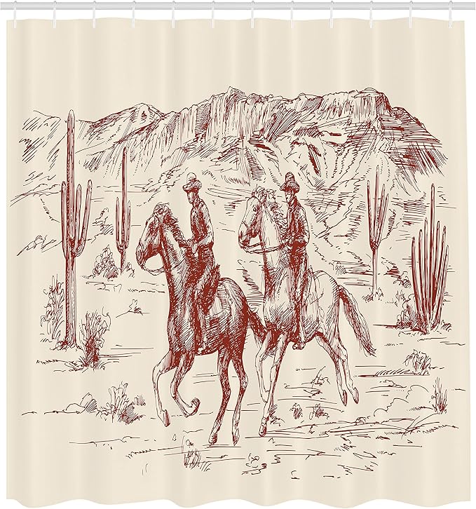 Ambesonne Western Shower Curtain, Country Theme Hand Drawn Illustration of American Wild West Desert with Cowboys, Cloth Fabric Bathroom Decor Set with Hooks, 69" W x 70" L, Cream Maroon