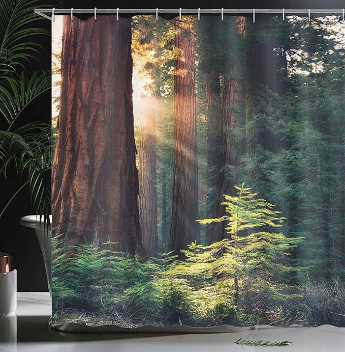 Ambesonne National Parks Shower Curtain, Morning Sunlight in Wilderness Yosemite Sierra Nevada United States Nature, Cloth Fabric Bathroom Decor Set with Hooks, 69" W x 75" L, Green Dark Brown