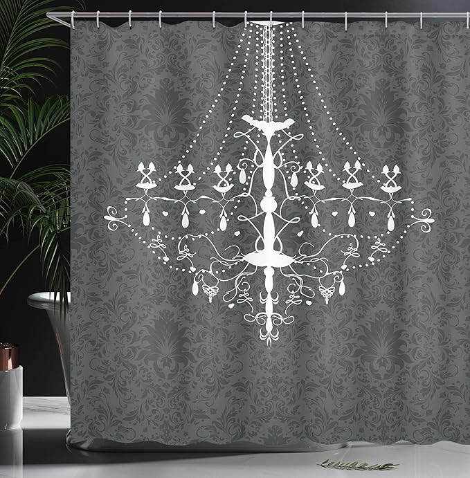 Ambesonne Vintage Shower Curtain, Victorian and Baroque Style of a Nostalgic Chandelier on The Damask Pattern Background Rococo Design, Cloth Fabric Bathroom Set with Hooks, 69" W x 70" L, Dark Grey