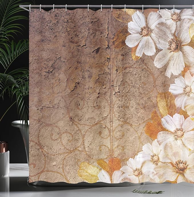 Ambesonne Grunge Shower Curtain, Flowers and Leaves Pattern on Cracked Wall with Floral Lines Classic Design, Cloth Fabric Bathroom Decor Set with Hooks, 69" W x 70" L, White Brown