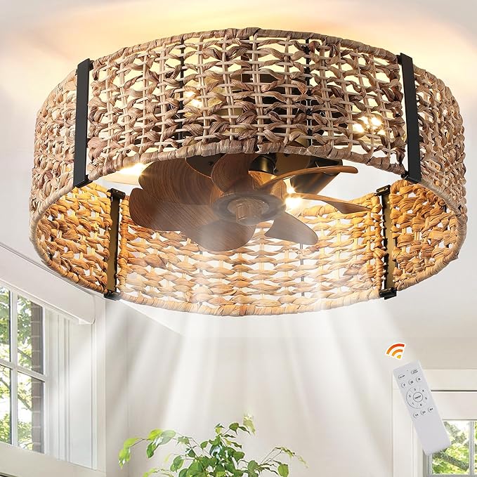 Ganeed 20" Boho Fandelier Ceiling Fan with Light, Rattan Caged Ceiling Fan with Light and Remote Control, Quiet Reversible Motor Enclosed Low Profile 6 Speeds for Bedroom Living Room Porch Kids Room
