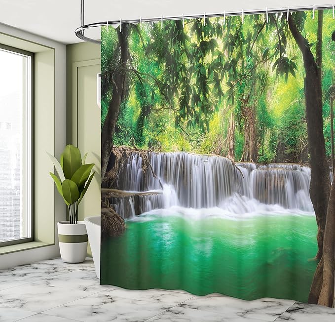 Ambesonne Waterfall Shower Curtain, Waterfall in Tropical Forest Trees Thailand Kanjanaburi Sunny Day Image, Cloth Fabric Bathroom Decor Set with Hooks, 69" W x 70" L, Green Brown