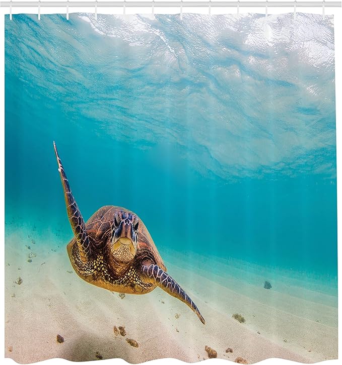 Ambesonne Hawaiian Shower Curtain, Underwater Scuba Diving Sea Turtle Nature Animal Swimming Wildlife Theme, Cloth Fabric Bathroom Decor Set with Hooks, 69" W x 75" L, Beige Brown