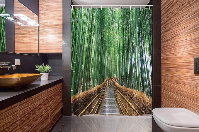 Ambesonne Jungle Stall Shower Curtain, Tropical Nature Bridge Over Trees Exotic Landscape Forest Jungle Woods Design, Fabric Bathroom Decor Set with Hooks, 54" W x 78" L, Green Brown