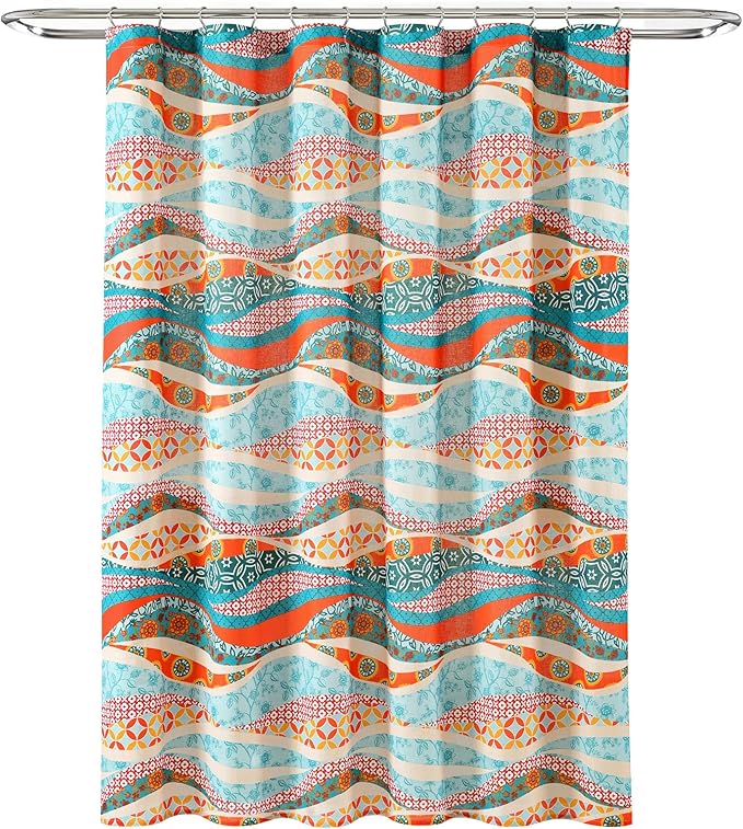 Lush Decor Hailey Watercolor Wave Cotton Shower Curtain Single 72" W x 72" L Turquoise & Multi - Colorful Shower Curtains for Bathroom Curtain Maximalist
