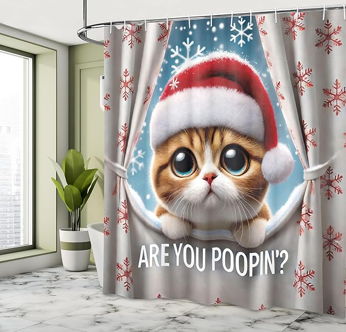 Ambesonne Christmas Shower Curtain, Curious Kitten with Xmas Hat Asks are You Poopin with Falling Snowflakes, Cloth Fabric Bathroom Decor Set with Hooks, 69" W x 75" L, Brown Coconut Ruby