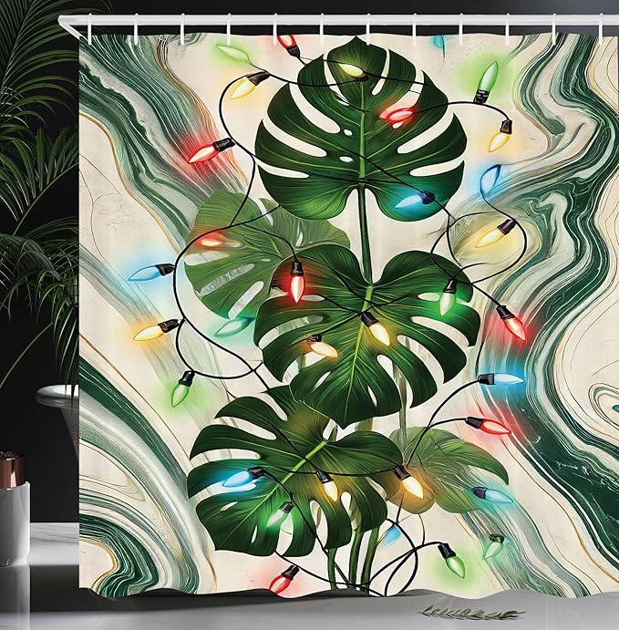 Ambesonne Christmas Shower Curtain, Colorful Xmas Ornaments with Monstera Leaves Art on Marble Print Back, Cloth Fabric Bathroom Decor Set with Hooks, 69" W x 75" L, Green Khaki Multicolor