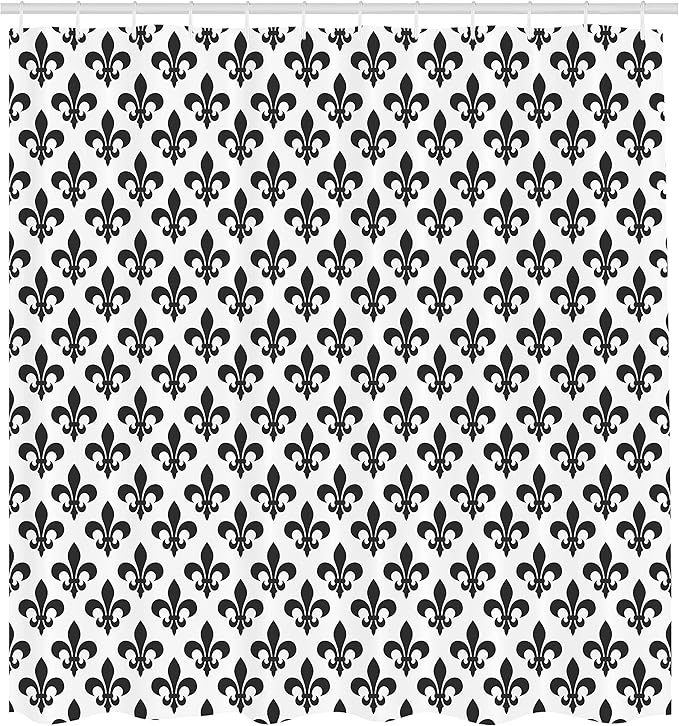 Ambesonne Fleur De Lis Shower Curtain, Silhouette Pattern of Fleur-de-Lis Classics Middle Ages Style Design, Cloth Fabric Bathroom Decor Set with Hooks, 69" W x 70" L, Black and White