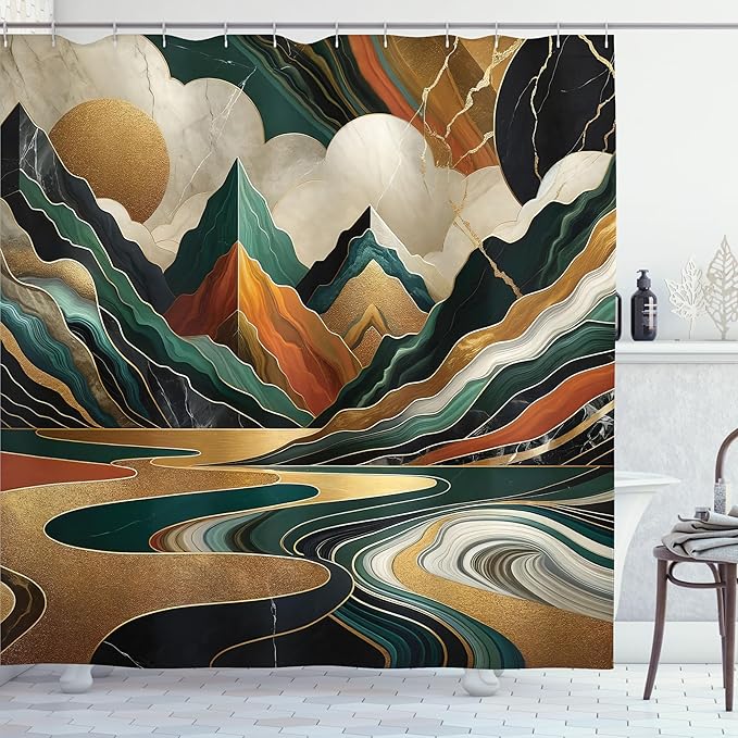 Ambesonne Mid Century Modern Shower Curtain, Groovy Bohemian Details Mountain Scene Cloudy Atmosphere, Cloth Fabric Bathroom Decor Set with Hooks, 69" W x 70" L, Teal Pale Vermilion Pearl