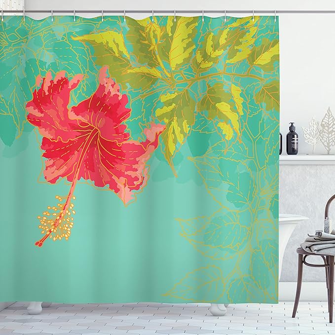 Ambesonne Watercolor Flower Shower Curtain, Colorful Drawing of Hubiscus Flower Pastel Tones Spring Rural Floral, Cloth Fabric Bathroom Decor Set with Hooks, 69" W x 70" L, Green Teal
