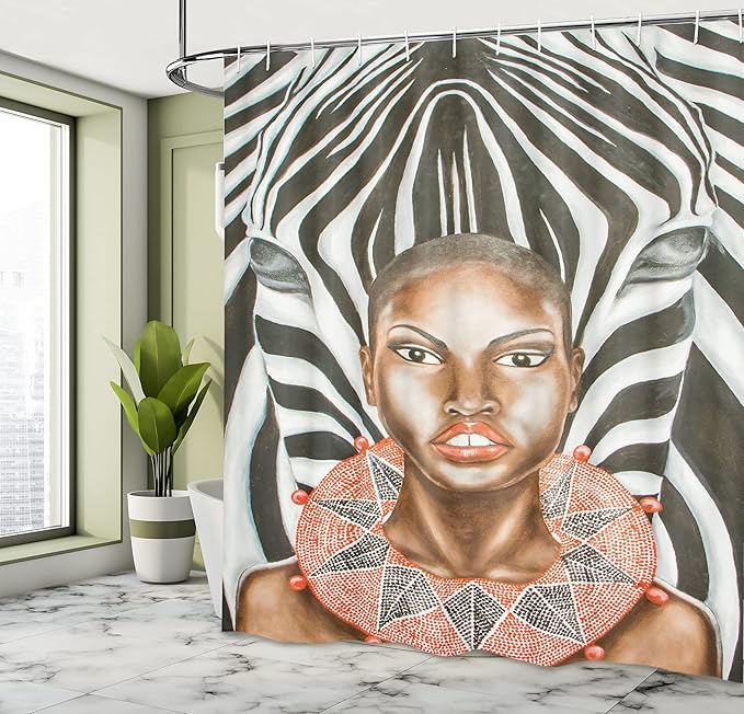 Ambesonne Country Shower Curtain, Woman with Zebra Spirit Animal Mother Nature Themed Image, Cloth Fabric Bathroom Decor Set with Hooks, 69" W x 70" L, Orange Pale Caramel