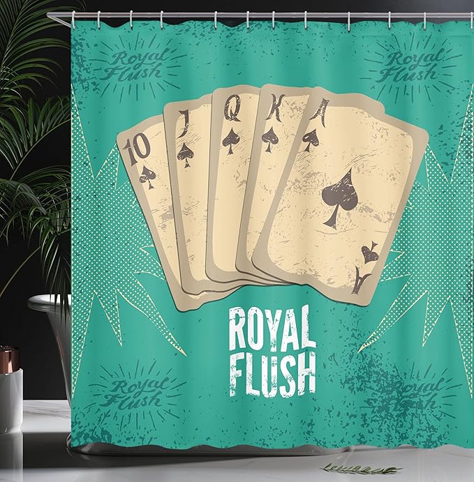 Ambesonne Vintage Shower Curtain, Retro Casino Poster Print Royal Flush with Game Cards Lucky Joker Hobby Image, Cloth Fabric Bathroom Decor Set with Hooks, 69" W x 75" L, Green Beige