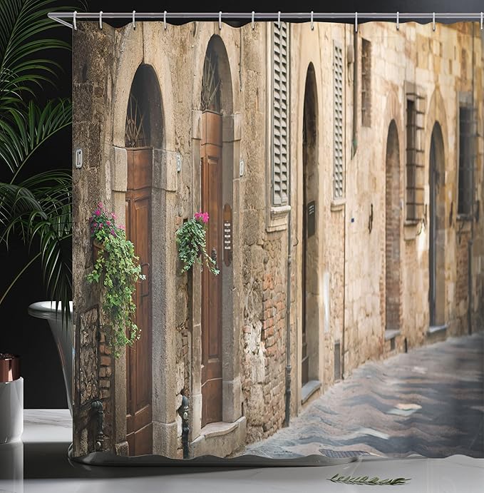 Ambesonne Landscape Shower Curtain, Street Wine Old House in Italy Tuscany Street Floral Details Blurred Background, Cloth Fabric Bathroom Decor Set with Hooks, 69" W x 75" L, Pale Brown
