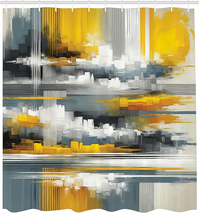 Ambesonne Striped Shower Curtain, Modern Abstract Brushstroke Paint Print Forgotten City Sunset Theme, Cloth Fabric Bathroom Decor Set with Hooks, 69" W x 70" L, Mustard Blue Grey Dimgray