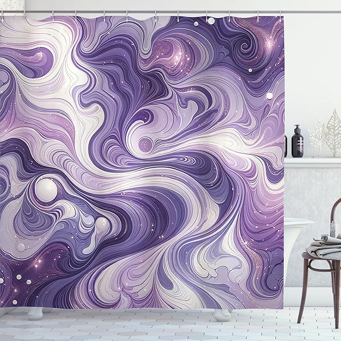 Ambesonne Purple Shower Curtain, Modern Swirling Marble Painting Print Pastel Monochromatic Tones, Cloth Fabric Bathroom Decor Set with Hooks, 69" W x 84" L, Quartz Pale Mauve and Lilac