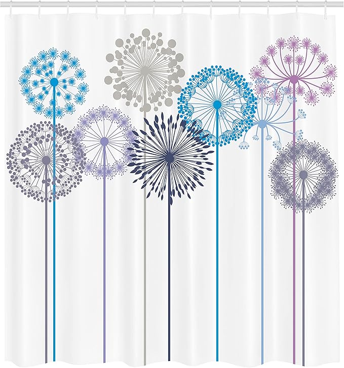Ambesonne Floral Shower Curtain, Flower Inspired Artwork Colorful Dandelions on White Background Illustration Print, Cloth Fabric Bathroom Decor Set with Hooks, 69" W x 70" L, Deep Sky