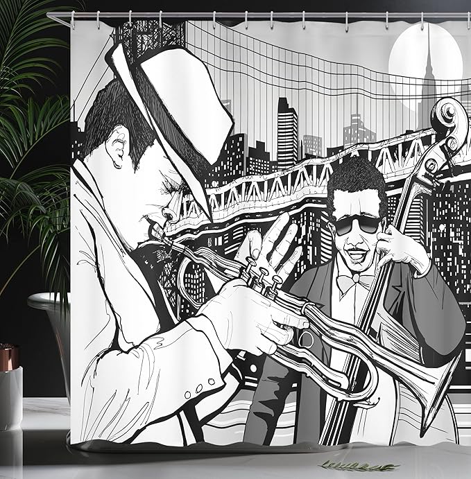 Ambesonne Music Shower Curtain, Illustration of Jazz Band Playing The Blues in New York in Moonlight Retro Design, Cloth Fabric Bathroom Decor Set with Hooks, 69" W x 70" L, Black White