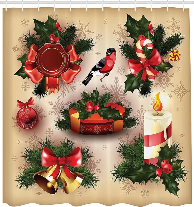 Ambesonne Christmas Shower Curtain, Vintage Style Classical Candle Bell Mistletoe Ribbon Bird Art Print, Cloth Fabric Bathroom Decor Set with Hooks, 69" W x 70" L, Multicolor Red