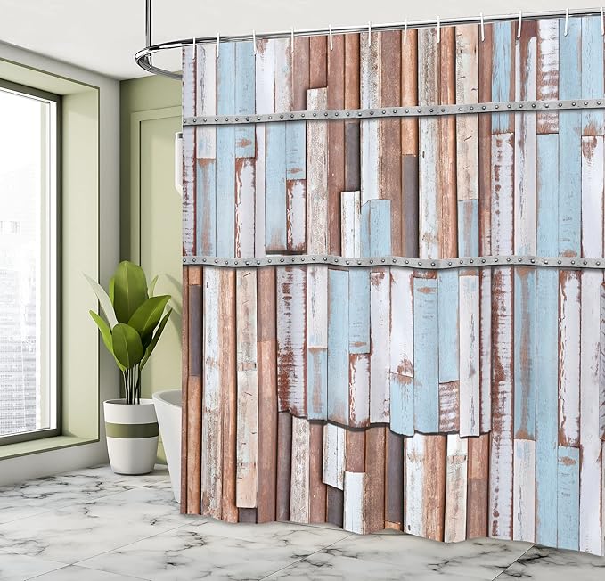 Ambesonne Rustic Shower Curtain, Nautical Wooden Planks Tree Designs on Rusty Screws Art Print, Cloth Fabric Bathroom Decor Set with Hooks, 69" W x 70" L, Brown White and Blue