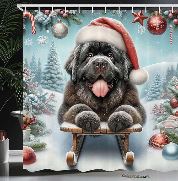 Ambesonne Christmas Shower Curtain, Happy Newfoundland Dog with a Santa Hat Sledding on a Snowy Hill, Cloth Fabric Bathroom Decor Set with Hooks, 69" W x 70" L, Dark Grey and Pale Blue