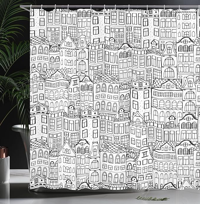 Ambesonne Amsterdam Shower Curtain, Monochrome Style Cartoon Drawing of Historic Houses Clutter City Town, Cloth Fabric Bathroom Decor Set with Hooks, 69" W x 70" L, Charcoal White
