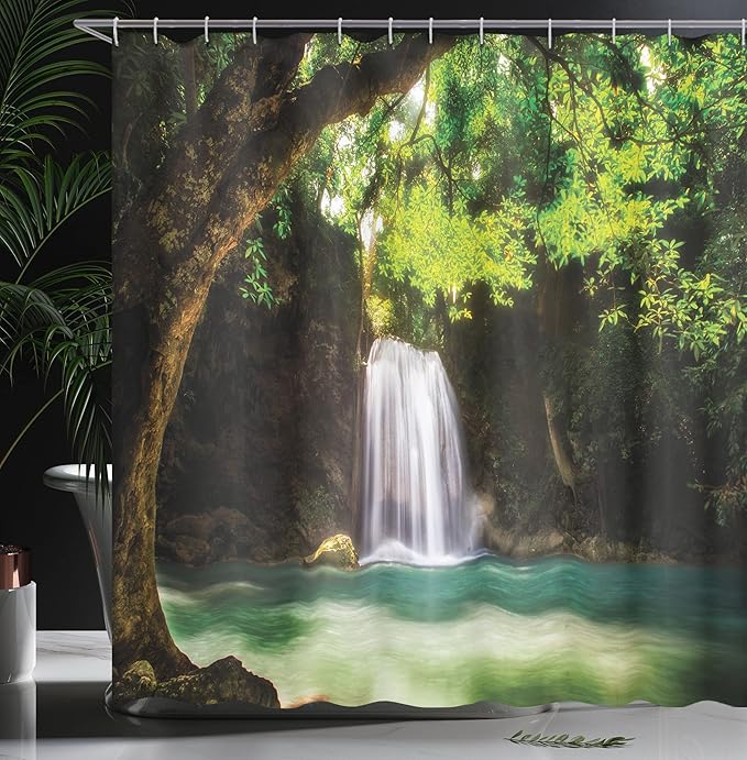 Ambesonne Waterfall Shower Curtain, Waterfall Flowing to Lake Deep Down in The Forest Warm Paradise Photo, Cloth Fabric Bathroom Decor Set with Hooks, 69" W x 84" L, Green Brown