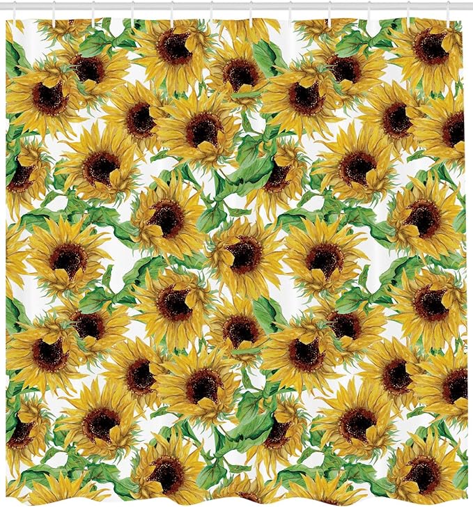 Ambesonne Sunflower Shower Curtain, Dried Sunflowers Illustration Wildflowers Branch Herbarium Artistic Design Fine Art, Cloth Fabric Bathroom Decor Set with Hooks, 69" W x 70" L, Dandellion Green
