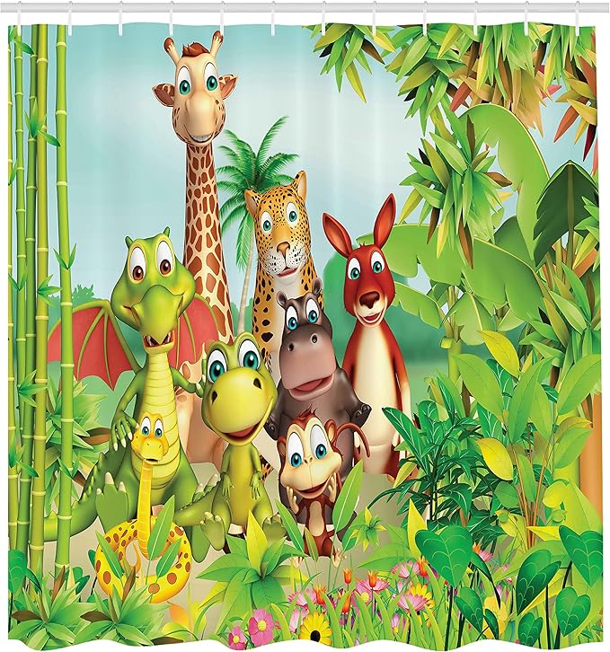 Ambesonne Cartoon Shower Curtain, Animals Giraffe Tiger Snake Dinosaur Hippo Monkey in Jungle Theme, Cloth Fabric Bathroom Decor Set with Hooks, 69" W x 75" L, Green