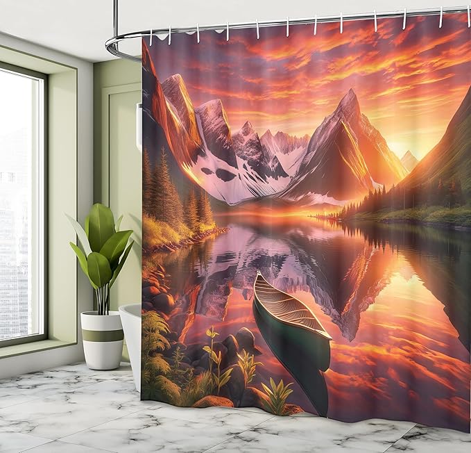 Ambesonne Lake Shower Curtain, Mural Like Landscape Lonely Boat on Reflection Trres and Mountains, Cloth Fabric Bathroom Decor Set with Hooks, 69" W x 70" L, Olive Green and Burnt Sienna