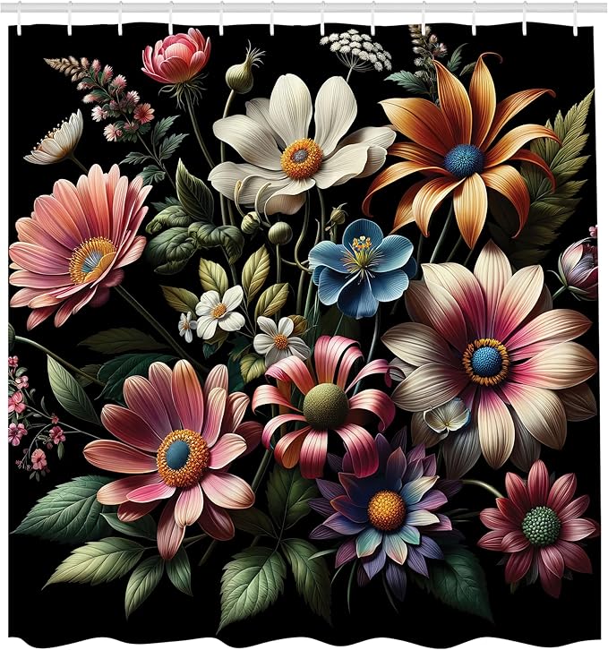 Ambesonne Boho Floral Shower Curtain, Romantic Night Theme Whimsical Flowers Arrangement on Black Background, Cloth Fabric Bathroom Decor Set with Hooks, 69" W x 84" L, Evergreen Pink Blue