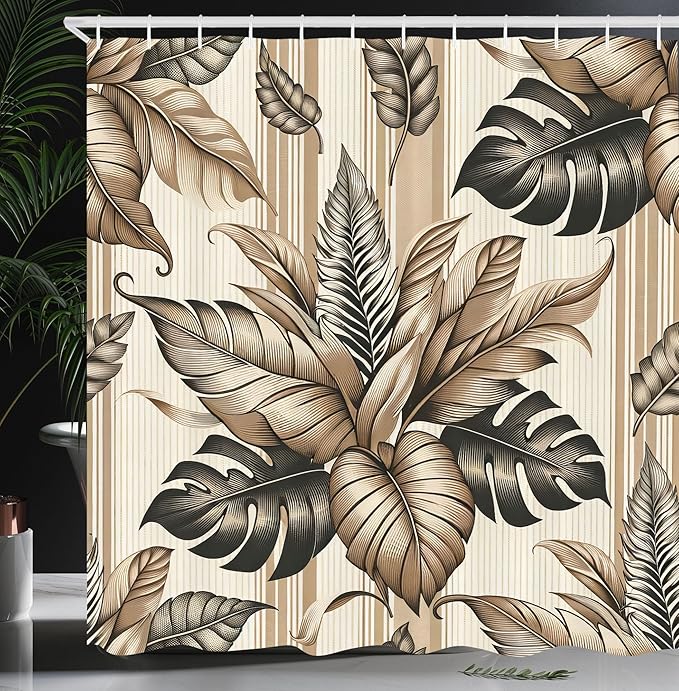Ambesonne Tan Shower Curtain, Tender Exotic Leaves Huddle with Modern Boho Stripes Nostalgia Earthy Tones, Cloth Fabric Bathroom Decor Set with Hooks, 69" W x 84" L, Dark Slate Blue Cocoa