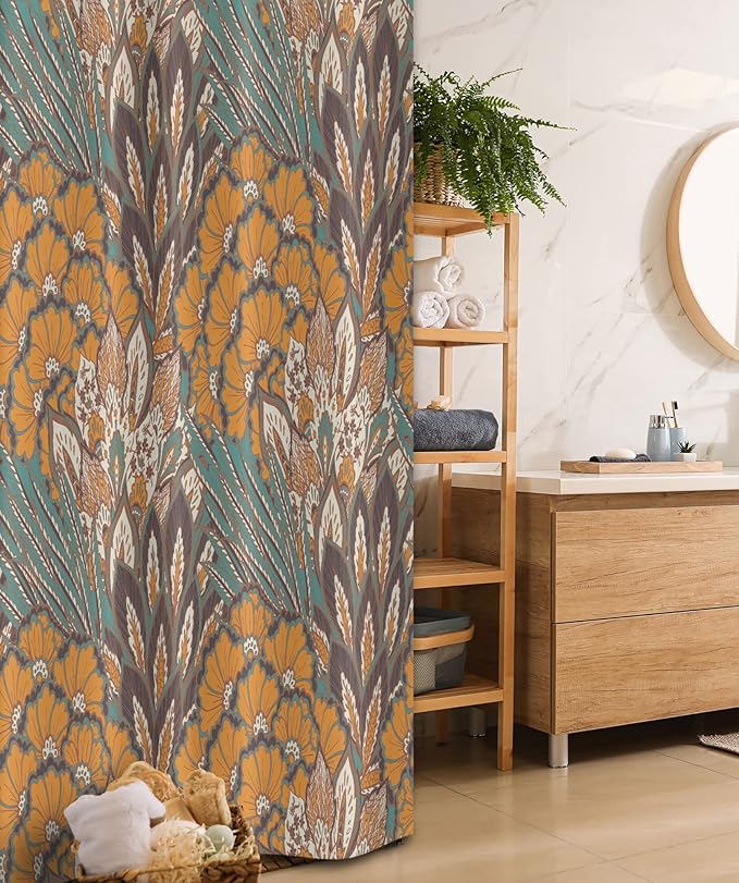 Ambesonne Floral Stall Shower Curtain, Pattern of Flowers and Peacock Feathers Floral Arrangement Art, Fabric Bathroom Decor Set with Hooks, 36" W x 72" L, Petrol Blue Pale Coffee