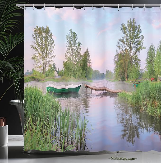Ambesonne Landscape Shower Curtain, Rural Landscape Lakeside Boat Trees Grass Clouds and Boardwalk Countryside, Cloth Fabric Bathroom Decor Set with Hooks, 69" W x 75" L, Brown Green