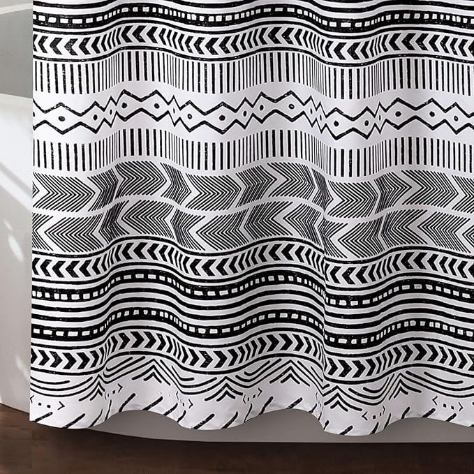 Lush Decor Hygge Geo Shower Curtain, 72" W x 72" L, Black/White - Curtain For Bathroom - Striped Bathroom Decor - Black Bath Accessories - Neutral Color Accessories - Geometric Scandinavian Print