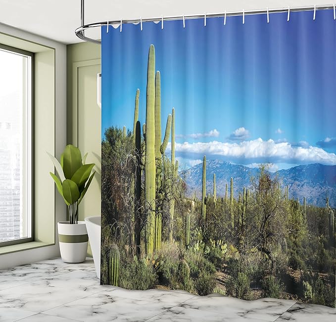 Ambesonne Desert Shower Curtain, Wide View of The Tucson Countryside with Cacti Rural Wild Landscape Arizona Phoenix, Cloth Fabric Bathroom Decor Set with Hooks, 69" W x 70" L, Green Blue
