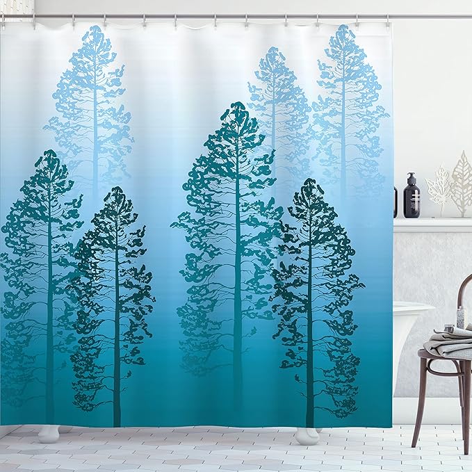 Ambesonne Country Shower Curtain, Pine Trees in The Forest on Foggy Seem Ombre Backdrop Wildlife Adventure Artwork, Cloth Fabric Bathroom Decor Set with Hooks, 69" W x 75" L, Azure Blue