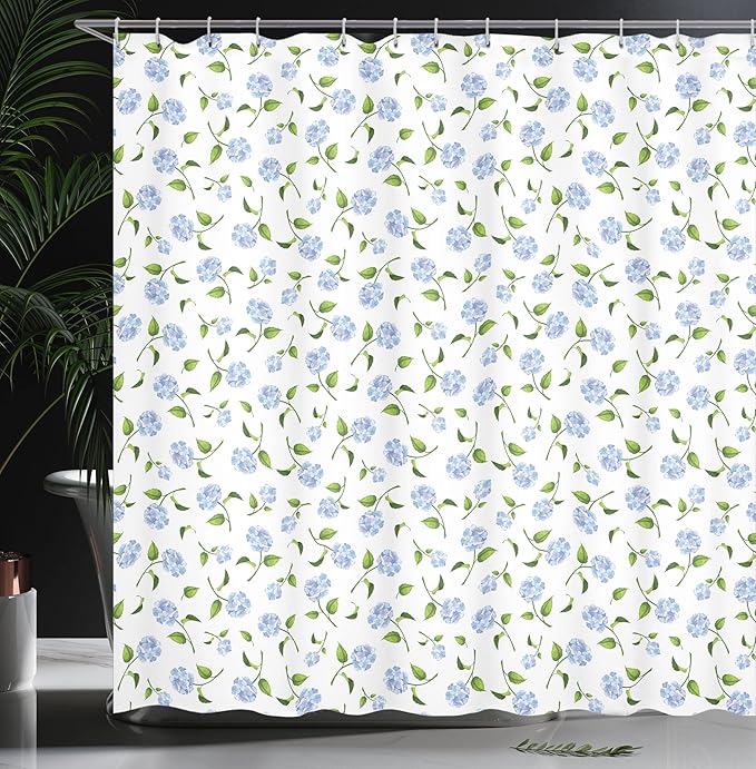 Ambesonne Floral Shower Curtain, Watercolor Hydrangea Flowers and Leaves Composed on a Plain Background, Cloth Fabric Bathroom Decor Set with Hooks, 69" W x 70" L, Ceil Blue Green White