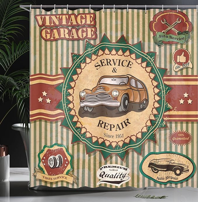 Ambesonne Retro Shower Curtain, Composition of Vintage Retro Car Emblem in Faint Color Sixties Dated Irony Art, Cloth Fabric Bathroom Decor Set with Hooks, 69" W x 70" L, Green Red Cream
