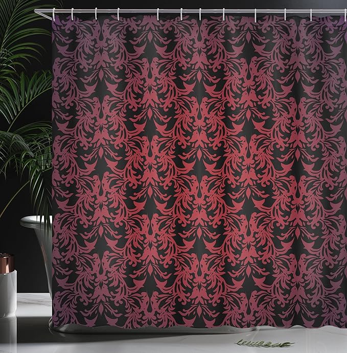Ambesonne Victorian Shower Curtain, Antique EuropeDesign Floral Swirls and Leaves Ombre Image, Cloth Fabric Bathroom Decor Set with Hooks, 69" W x 70" L, Burgundy Vermilion