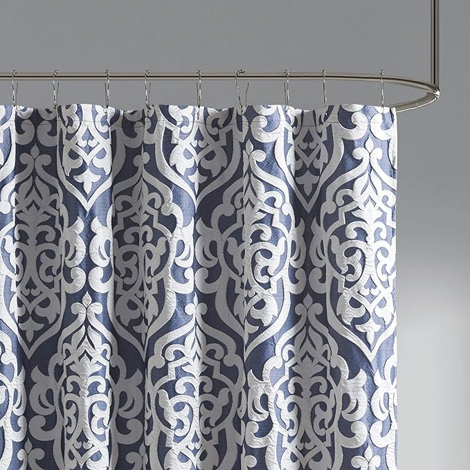 Madison Park Odette Fabric Shower Curtain Luxe Textured Jacquard, Damask Medallion Machine Washable Modern Home Bathroom Decor, Bathtub Privacy Screen, 72" x 72", Navy/Silver