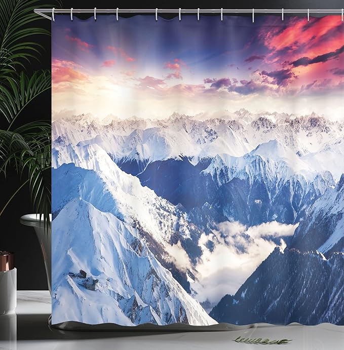 Ambesonne Europe Shower Curtain, Mountain Peak Snowy Winter Colorful Sky Sunbeams Adventure Austria, Cloth Fabric Bathroom Decor Set with Hooks, 69" W x 70" L, Coral Night