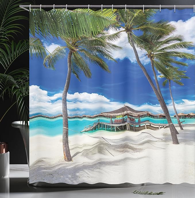 Ambesonne Beach Shower Curtain, Empty Hammock Between Palm Trees Beach with Vibrant Summer Sky Picture, Cloth Fabric Bathroom Decor Set with Hooks, 69" W x 70" L, Coconut Blue