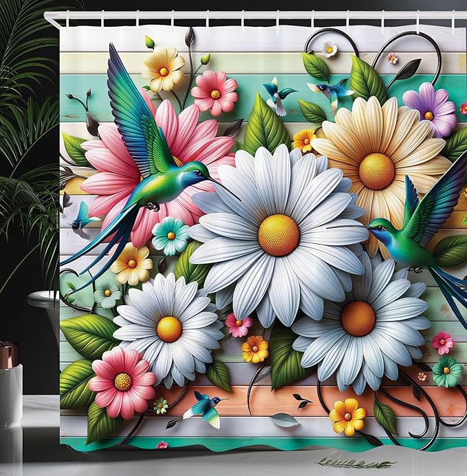 Ambesonne Spring Shower Curtain, Whimsical Bold Colorful Hummingbirds and Daisy Flowers on Wooden Planks Back, Cloth Fabric Bathroom Decor Set with Hooks, 69" W x 75" L, Teal Lilac Green